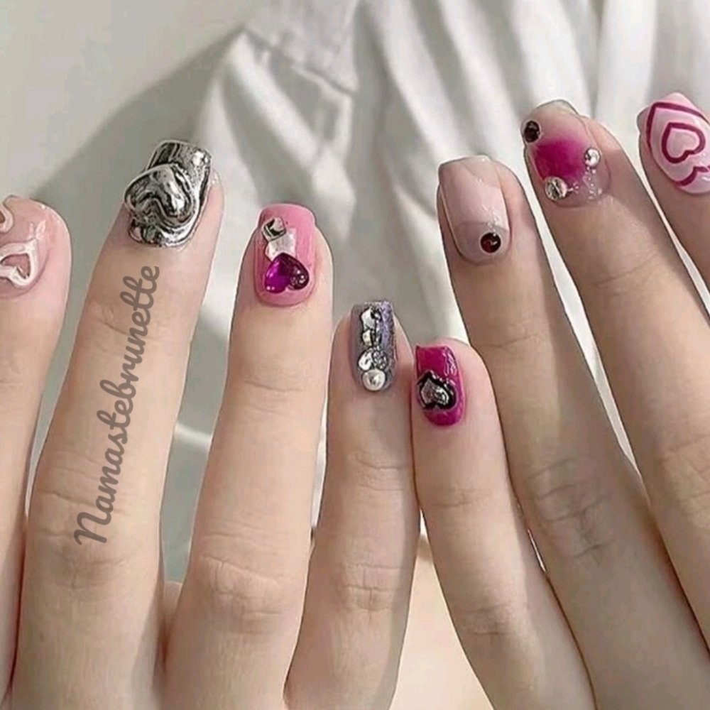 2/$16 Rhinestone Hearts Pink Press on Nails